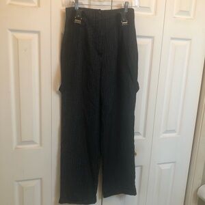 Vintage Black Pinstripe Wide-Leg Trousers with Suspender Straps